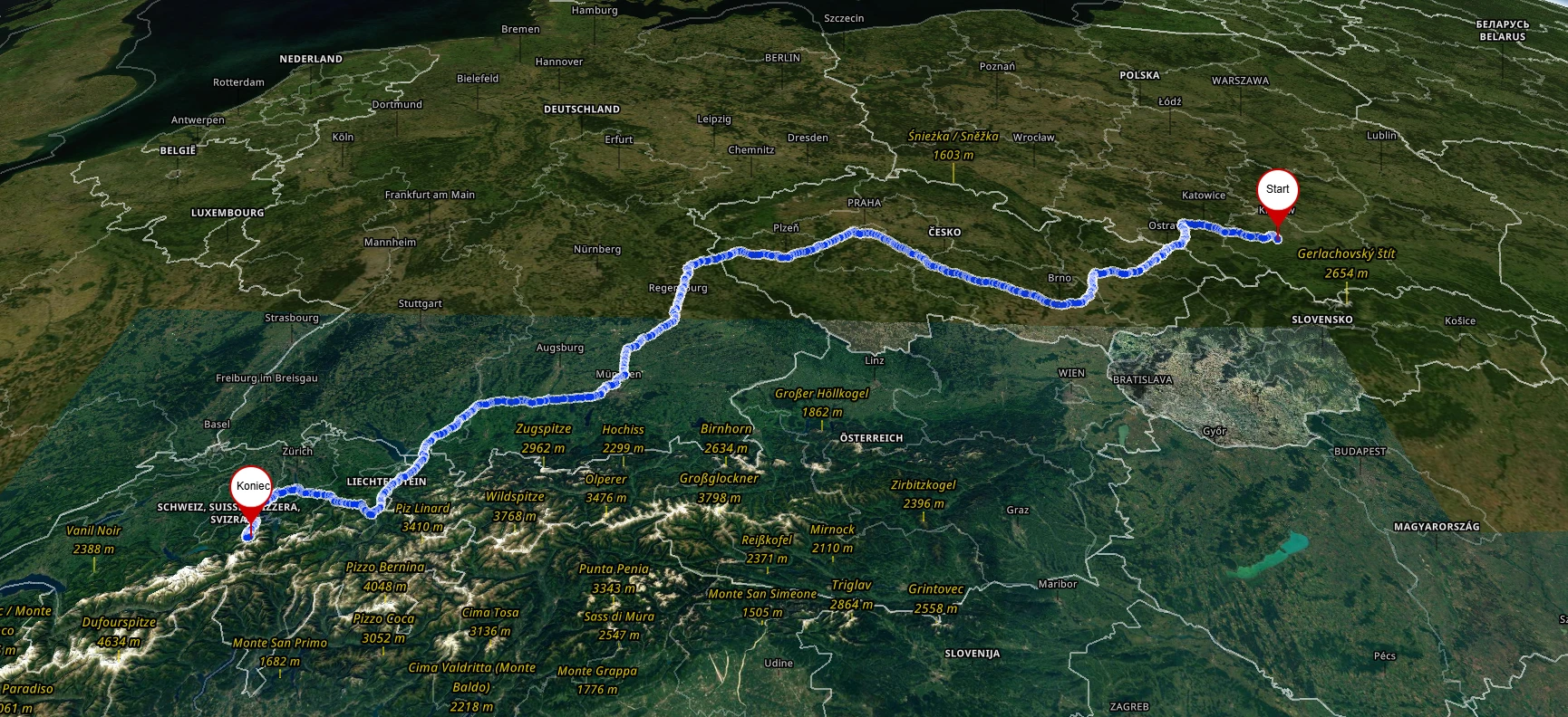 Mapa trasy przeprowadzki międzynarodowej z Polski do Szwajcarii