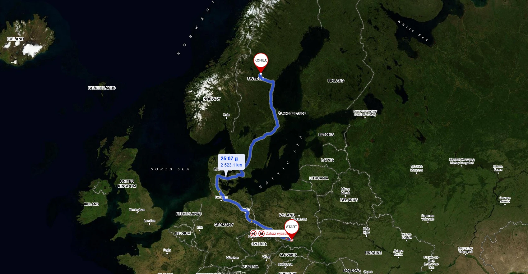 Trasa przeprowadzki z Polski do Szwecji – mapa