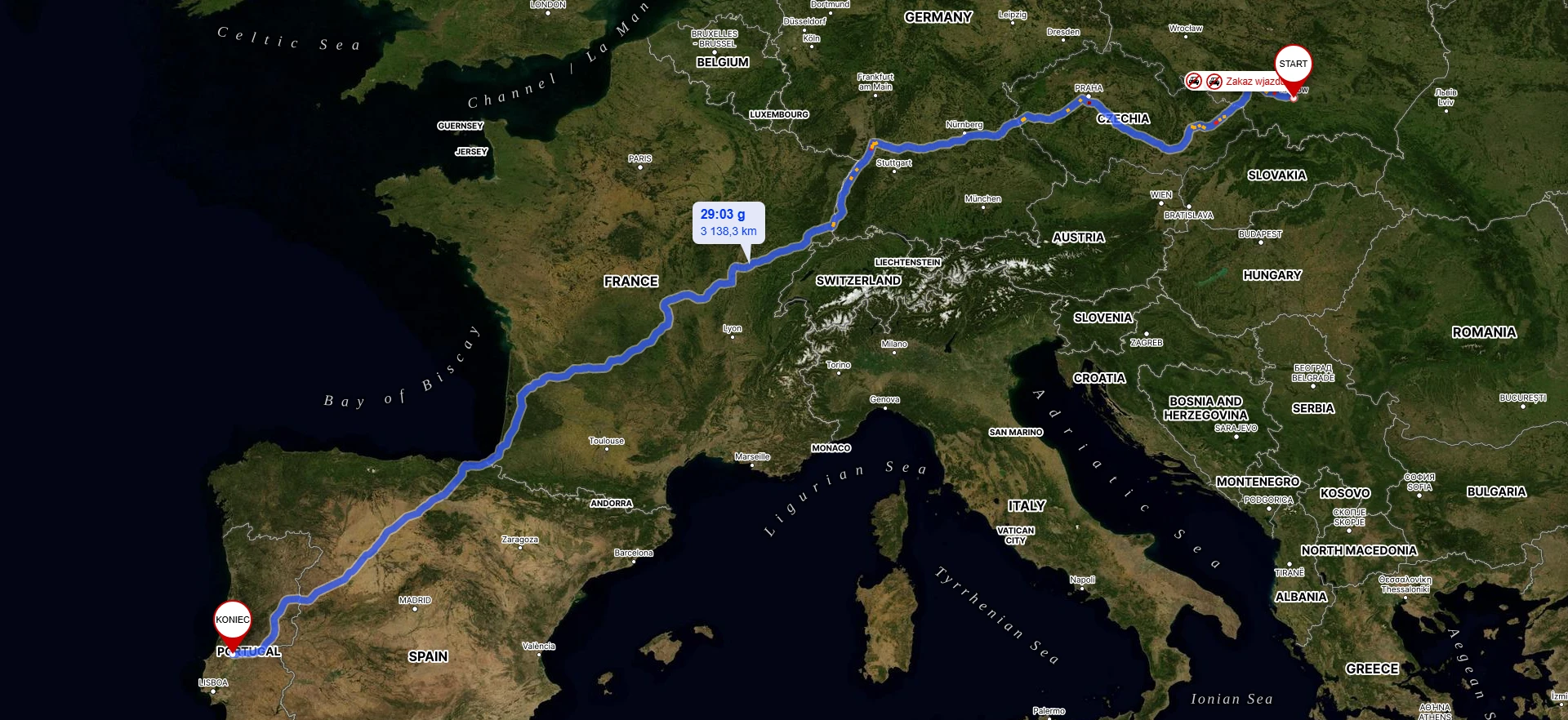 Mapa trasy przeprowadzki do Portugalii – Pewna Przeprowadzka